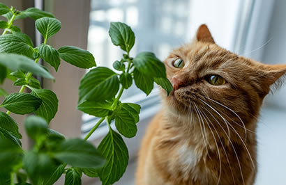 Curious cat sniffing houseplant